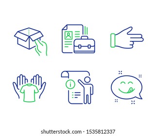 Hold box, Manual doc and Vacancy line icons set. Hold t-shirt, Click hand and Yummy smile signs. Delivery parcel, Project info, Hiring job. Laundry shirt. People set. Vector