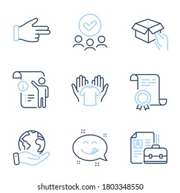 Cuadro de espera, documento manual y conjunto de iconos de línea de vacaciones. Certificado de Diploma, Salvar planeta, grupo de personas. Sostén la camiseta, haz clic con la mano y señas de sonrisa. Parcela de entrega, información del proyecto, trabajo de contratación. Vector