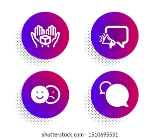 Hold box, Megaphone and Like icons simple set. Halftone dots button. Messenger sign. Delivery parcel, Brand message, Social media dislike. Speech bubble. Technology set. Vector