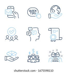 Hold box, Quick tips and Salary employees line icons set. Diploma certificate, save planet, group of people. Messages, Messenger mail and Gift signs. Vector