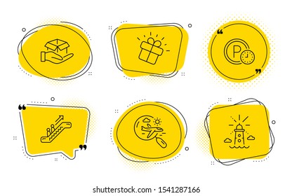 Hold box, Search flight and Lighthouse signs. Chat bubbles. Gift, Escalator and Parking time line icons set. Marketing box, Elevator, Park clock. Delivery parcel. Transportation set. Vector