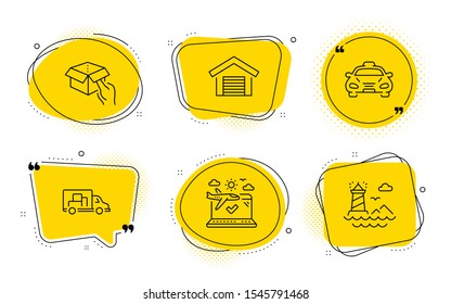 Hold box, Taxi and Lighthouse signs. Chat bubbles. Parking garage, Truck transport and Airplane travel line icons set. Car place, Delivery, Check in. Delivery parcel. Transportation set. Vector