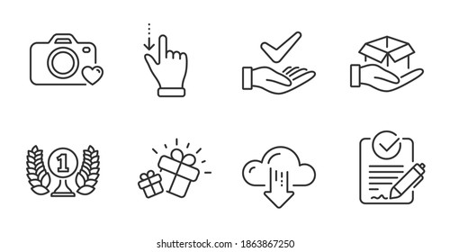 Hold box, Touchscreen gesture and Rfp line icons set. Cloud download, Photo camera and Laureate award signs. Gift, Dermatologically tested symbols. Quality line icons. Hold box badge. Vector