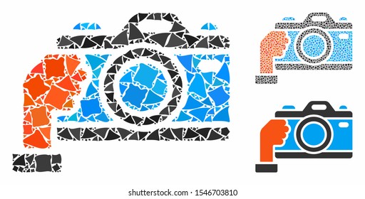 Hold camera mosaic of tremulant items in different sizes and shades, based on hold camera icon. Vector rugged items are composed into collage. Hold camera icons collage with dotted pattern.