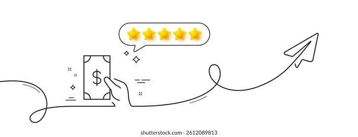 Hold Cash money line icon. Continuous line with share plane. Banking currency sign. Dollar or USD symbol. Five star rate review in speech bubble. Receive money single line ribbon. Vector