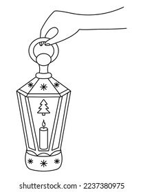 Hold a Christmas lantern in your hand. Sketch. In the palm of his hand is a glass lamp with a burning candle inside. Decoration from one spruce and snowflakes. Vector illustration. Doodle style. 