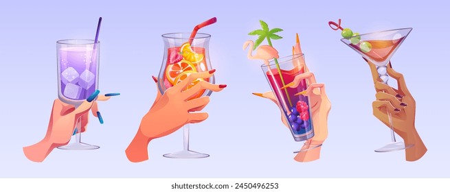 Sostén el cóctel en la mano para beber alcohol para la Ilustración vectorial de tostadas. Personas en bar animan con jugo, gin tonic y prosecco celebran la amistad. Diferente icono con sangría para el diseño de restaurantes