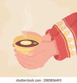 Hold cup of black lemon tea flat color vector illustration. Warm steaming drink with peppermint. Taking mug of aromatic beverage 2D cartoon first view hand with abstract background