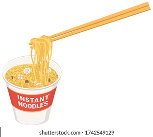 Hold cup ramen with chopsticks