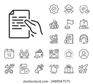 Mantenga el signo de página de archivo doc. Iconos de salariales, igualdad de género y campanas de alerta. Icono de línea de documento. Símbolo de nota de Office. Mantenga el signo de línea de documento. Espiar o icono de marcador de posición de perfil. Vector