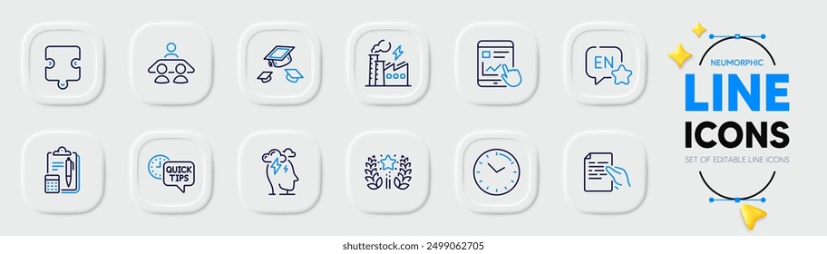 Hold document, Internet report and Puzzle line icons for web app. Pack of Quick tips, Time, Interview job pictogram icons. Electricity factory, Stress, Accounting signs. English. Vector