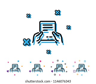 Hold Document line icon. Agreement Text File sign. Contract with signature symbol. Line icon with geometric elements. Bright colourful design. Vector