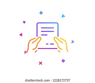 Hold Document line icon. Agreement Text File sign. Contract with signature symbol. Gradient line button. Receive file icon design. Colorful geometric shapes. Vector