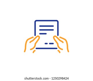 Hold Document line icon. Agreement Text File sign. Contract with signature symbol. Colorful outline concept. Blue and orange thin line color icon. Receive file Vector