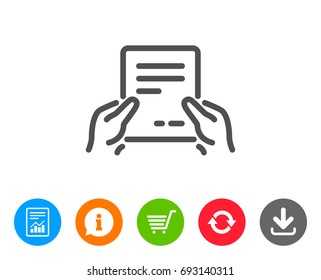 Hold Document line icon. Agreement Text File sign. Contract with signature symbol. Report, Information and Refresh line signs. Shopping cart and Download icons. Editable stroke. Vector