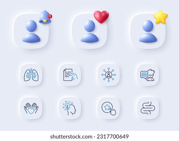Hold document, Networking and Lungs line icons. Placeholder with 3d bell, star, heart. Pack of Chef, Hold heart, Idea icon. Intestine, Loyalty star pictogram. For web app, printing. Vector