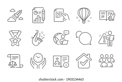 Zeige die Zeilensymbole Dokument, Safe Time und Legal Dokumente. Technischer Algorithmus, Jazz und Air Ballon Schilder. Symbol für Startrocket, Gruppe und Bericht Zeilensymbole gesetzt. Vektorgrafik