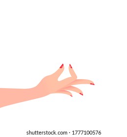 Hold in fingers, female hand with manicure, palm up. Vector illustration, flat cartoon color design, isolated on white background, eps 10.