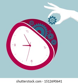 Hold the gear in the clock. Isolated on blue background.