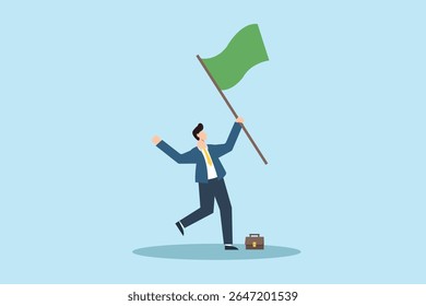 Hold green flag. Enthusiastic business person waving green flag while celebrating success in a minimalist style on a bright blue background.
