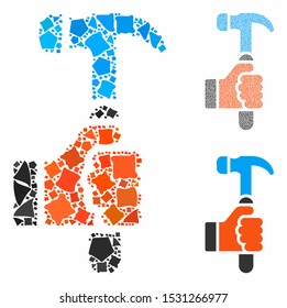 Hold hammer mosaic of abrupt parts in various sizes and color tones, based on hold hammer icon. Vector rugged pieces are grouped into mosaic. Hold hammer icons collage with dotted pattern.
