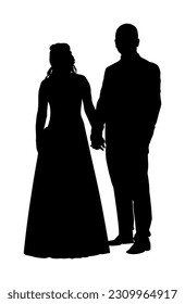 Hold hand groom and bride wedding day in dress and suit vector silhouette illustration isolated on white. Wedding couple shape. Just married man and woman holding hands. Female and male in love kiss.