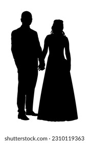 Hold hand groom and bride wedding day in dress and suit vector silhouette illustration isolated on white. Wedding couple shape. Just married man and woman holding hands. Female and male in love kiss.