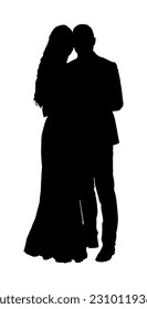 Hold hand groom and bride wedding day in dress and suit vector silhouette illustration isolated on white. Wedding couple shape. Just married man and woman holding hands. Female and male in love kiss.