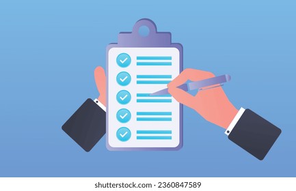 Hold hands and write checklist application form documents on clipboard.on blue background.Vector Design Illustration.