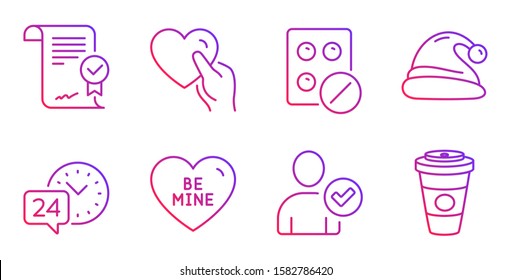 Hold heart, Be mine and 24h service line icons set. Medical tablet, Santa hat and Identity confirmed signs. Approved agreement, Takeaway coffee symbols. Friendship, Love sweetheart. Vector