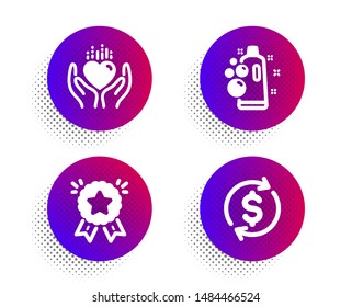 Hold heart, Clean bubbles and Ranking star icons simple set. Halftone dots button. Usd exchange sign. Care love, Laundry shampoo, Winner medal. Currency rate. Business set. Vector