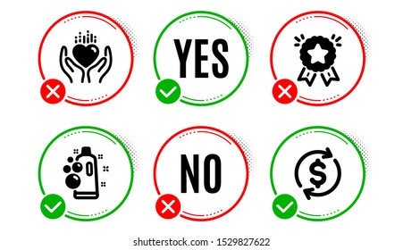 Hold heart, Clean bubbles and Ranking star icons simple set. Yes no check box. Usd exchange sign. Care love, Laundry shampoo, Winner medal. Currency rate. Business set. Hold heart icon. Vector