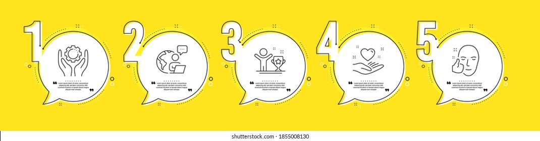Hold heart, Employee hand and Healthy face line icons set. Timeline process infograph. Winner cup sign. Friendship, Work gear, Healthy cosmetics. Champion. People set. Vector