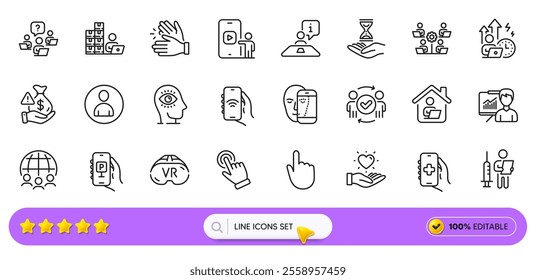 Hold heart, Face biometrics and Work home line icons for web app. Pack of Approved teamwork, Phone video, Time hourglass pictogram icons. Parking app, Cursor, Inventory signs. Search bar. Vector