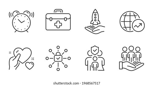 Hold heart, Family insurance and First aid line icons set. Best buyers, Alarm clock and World statistics signs. Security lock, Crowdfunding symbols. Care love, Risk coverage, Medicine kit. Vector