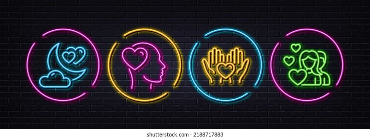 Hold heart, Friend and Love night minimal line icons. Neon laser 3d lights. Couple icons. For web, application, printing. Friendship, Love, Romantic evening. Valentines day. Vector