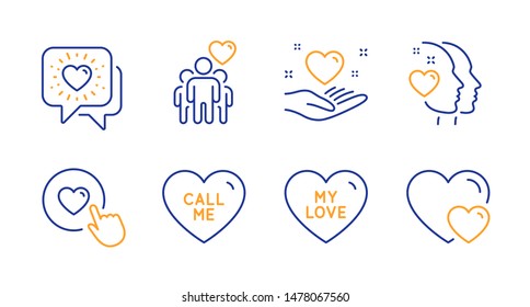 Hold heart, Friends chat and Heart line icons set. My love, Call me and Friendship signs. Like button, Hearts symbols. Friendship, Love head. Love set. Line hold heart icon. Vector