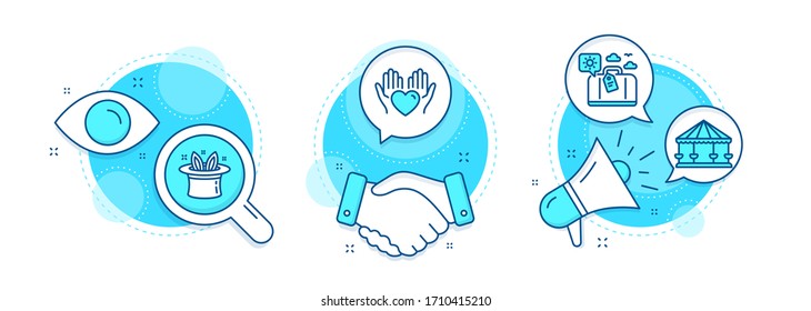 Hold heart, Hat-trick and Travel luggage line icons set. Handshake deal, research and promotion complex icons. Carousels sign. Care love, Magic hat, Trip bag. Attraction park. Holidays set. Vector