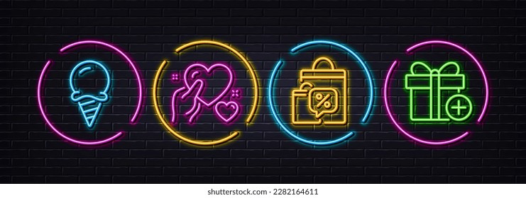 Hold heart, Ice cream and Sale bags minimal line icons. Neon laser 3d lights. Add gift icons. For web, application, printing. Care love, Sundae cone, Discount chat bubble. Present box. Vector