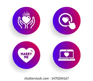 Hold heart, Like button and Marry me icons simple set. Halftone dots button. Web love sign. Care love, Wedding, Social network. Love set. Classic flat hold heart icon. Vector
