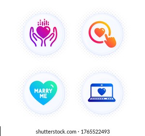 Hold heart, Like button and Marry me icons simple set. Button with halftone dots. Web love sign. Care love, Wedding, Social network. Love set. Gradient flat hold heart icon. Vector