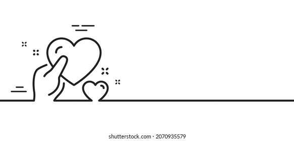 Hold heart line icon. Care love emotion sign. Valentine day symbol. Minimal line illustration background. Hold heart line icon pattern banner. White web template concept. Vector