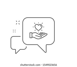 Hold heart line icon. Chat bubble design. Friends love sign. Brand ambassador hand symbol. Outline concept. Thin line hold heart icon. Vector