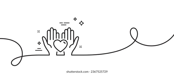 Hold heart line icon. Continuous one line with curl. Friends love sign. Friendship hand symbol. Hold heart single outline ribbon. Loop curve pattern. Vector