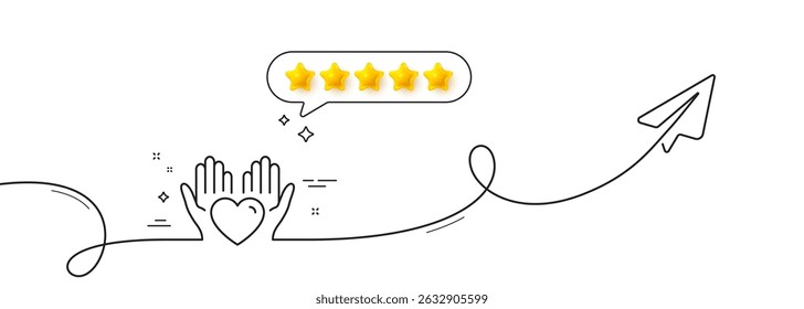 Hold heart line icon. Continuous line with share plane. Care love emotion sign. Valentine day symbol. Five star rate review in speech bubble. Hold heart single line ribbon. Loop curve pattern. Vector