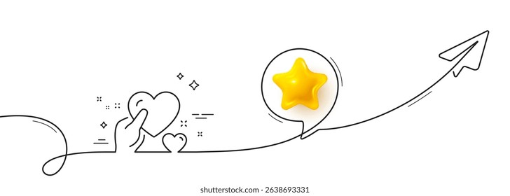 Hold heart line icon. Continuous line with share plane. Care love emotion sign. Valentine day symbol. 3d star in speech bubble. Hold heart single line ribbon. Loop curve pattern. Vector