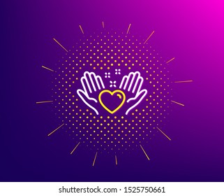 Hold heart line icon. Halftone pattern. Friends love sign. Friendship hand symbol. Gradient background. Hold heart line icon. Yellow halftone pattern. Vector