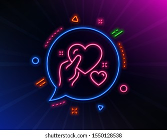 Hold heart line icon. Neon laser lights. Care love emotion sign. Valentine day symbol. Glow laser speech bubble. Neon lights chat bubble. Banner badge with hold heart icon. Vector