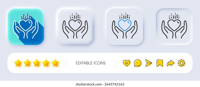 Hold heart line icon. Neumorphic, Flat shadow, 3d buttons. Care love emotion sign. Valentine day symbol. Line hold heart icon. Social media icons. Vector