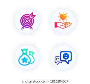 Hold Heart, Loyalty Points And Archery Icons Simple Set. Button With Halftone Dots. Smile Sign. Love Brand, Money Bags, Attraction Park. Socila Media. Business Set. Vector